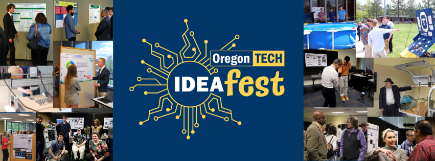 The IDEAfest logo surrounded by pictures of students presenting past projects.