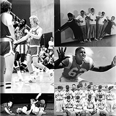 Montage of various athletic pictures. Basketball, wrestling, baseball, football, cheerleaders
