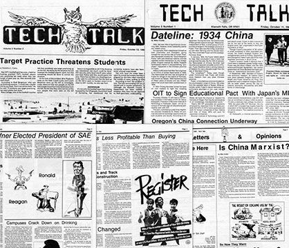 Compilation of various front pages of Tech Talk student newspaper