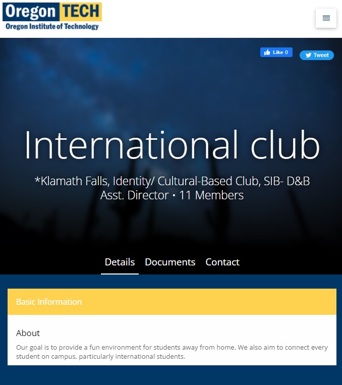 A screenshot of the International Club profile on the Presence platform