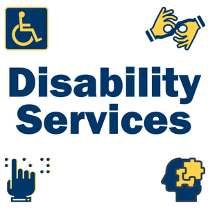 Image shows ACES graphic with text "ACES Access and Campus Equity Services facilitates access to Oregon Tech programs and services for individuals with disabilities through accommodations, education, consultation, and advocacy. Send us your questions! Email us at access@oit.edu." Graphic includes blue and gold icons representing neural diversity, messaging boxes, hearing disability, ADA sign, hand with index finger and braille letters, sign language symbol with two hands, and visual disability. 