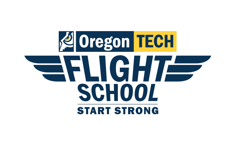 Oregon Tech block logo above "Flight School" with airline-like wings and "Start Strong" in text
