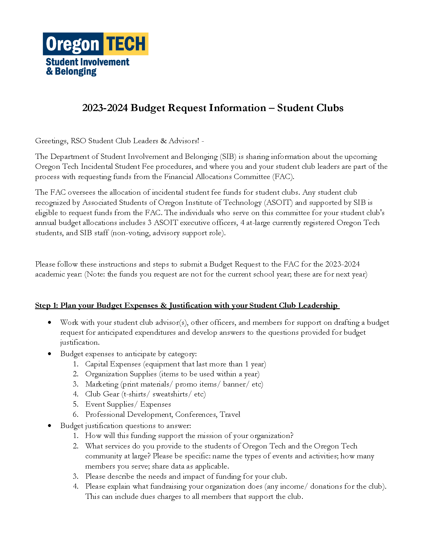 Link opens a PDF of the 2023-2024 Budget Information – Student Clubs information page.