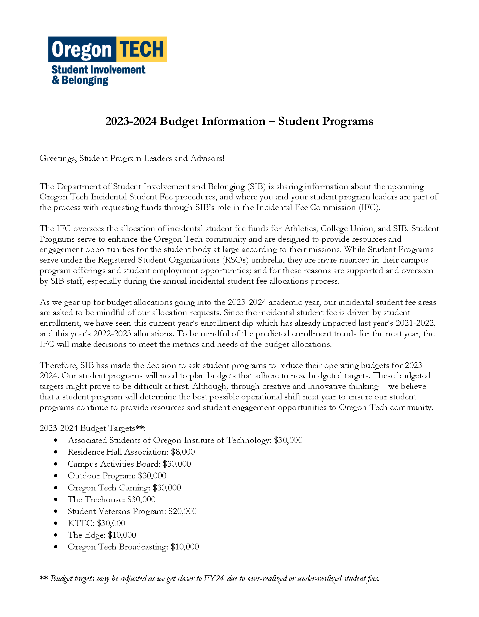 2023-2024 Budget Information – Student Programs page 1