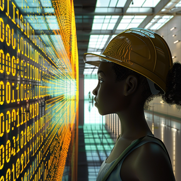 STEM Girl Wearing a Construction Hat Looking at Binary Code on a Vision Board