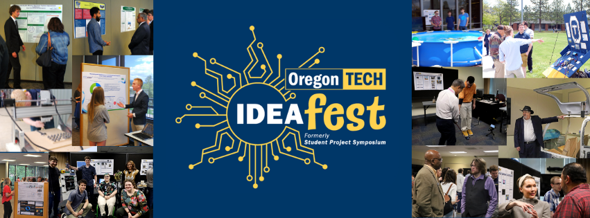 The IDEAfest logo surrounded by pictures of students presenting past projects.
