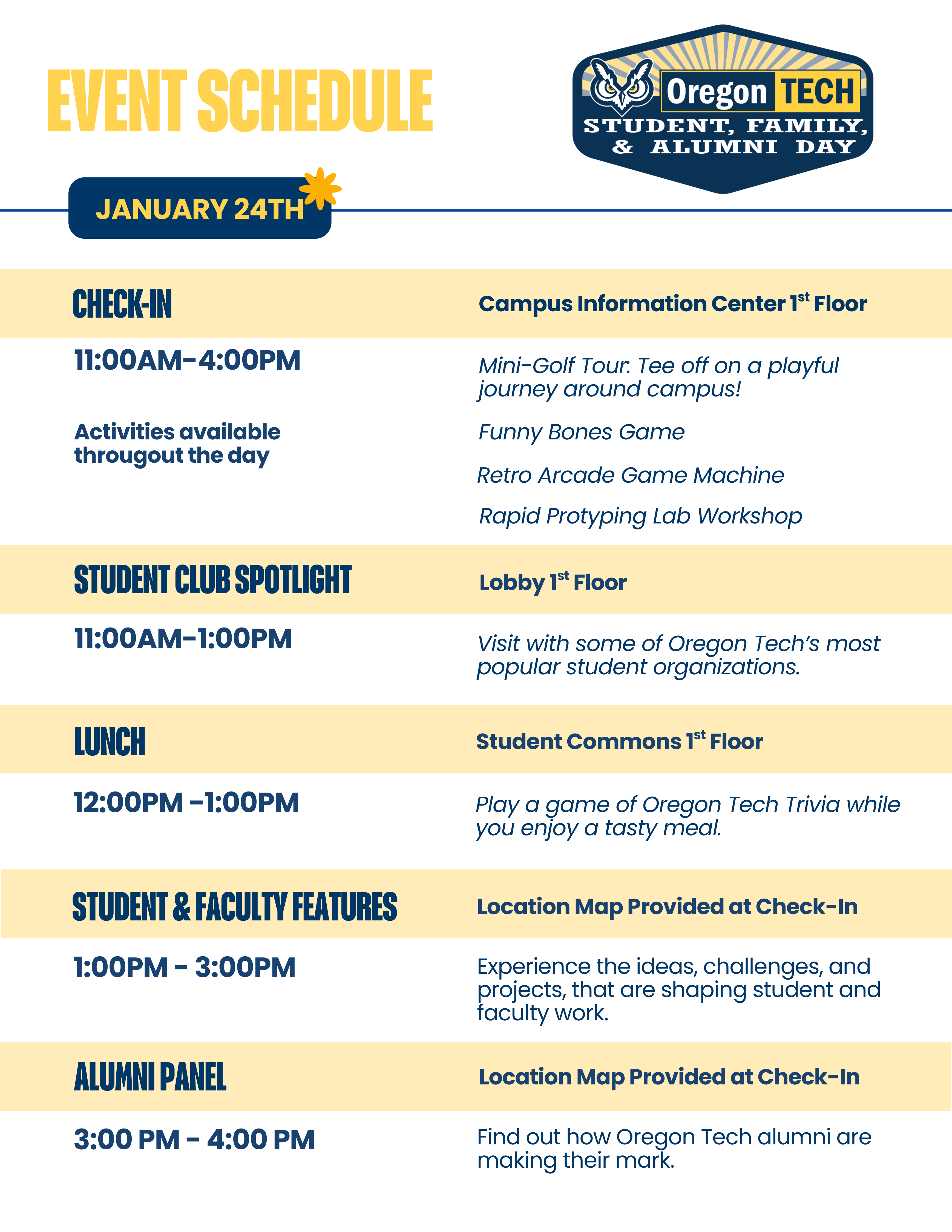 Portland-Metro Student Family Alumni Day Schedule Jan 2026