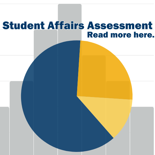 Graphic with bar chart (grey) and pie chart (blue, yellow, gold) with the text "Student Affairs Assessment Read more here."