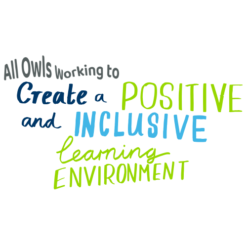 Text "All owls working to create a positive and inclusive learning environment". Words are in different font sizes and colors.