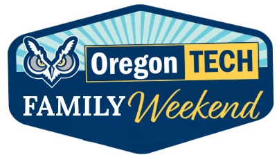 Oregon Tech block logo with "Family Weekend" in white and yellow letters with Hootie face. All objects within triangle.