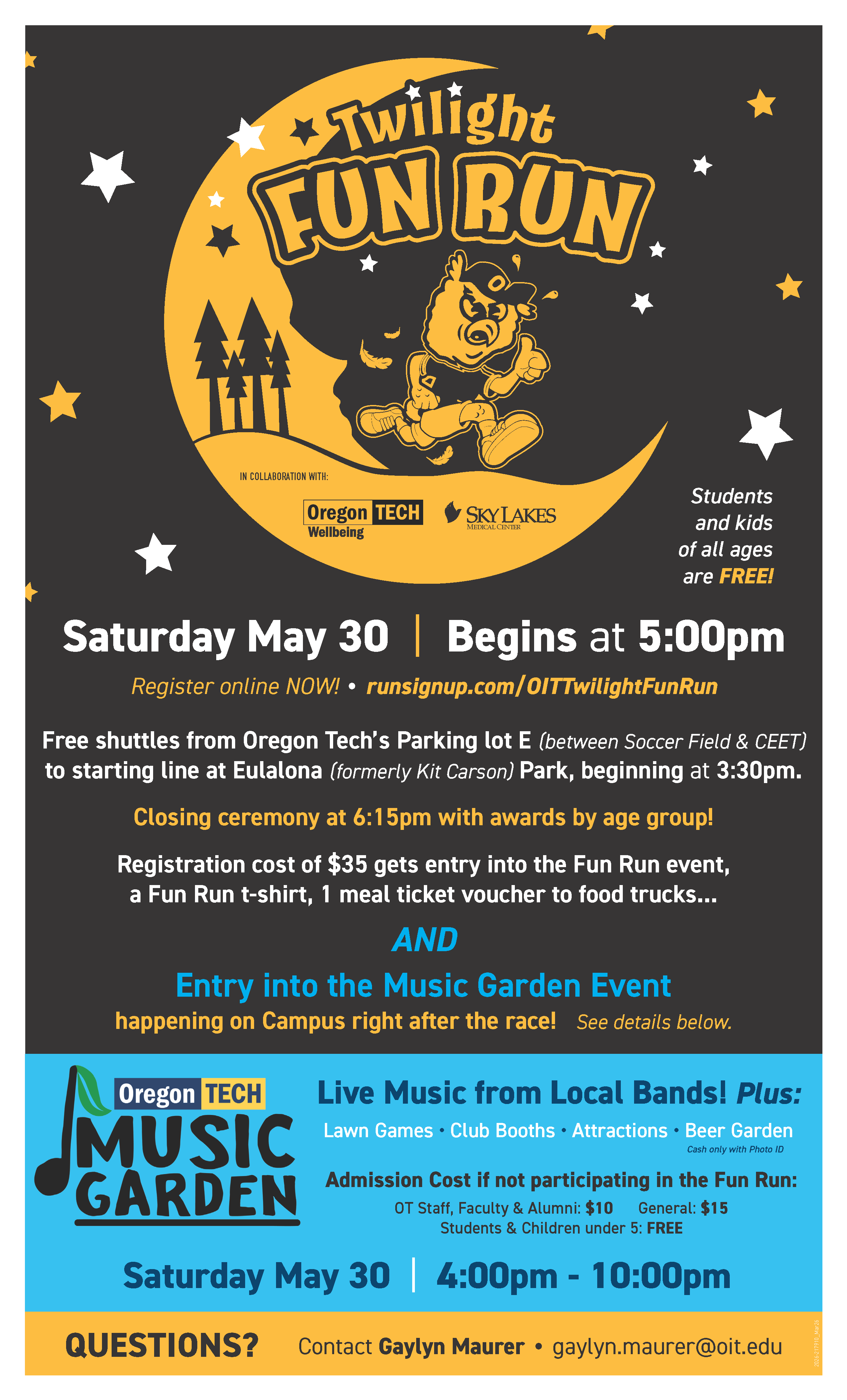 Informational flyer for Fun Run (May 30th 5pm, Eulalona Park)