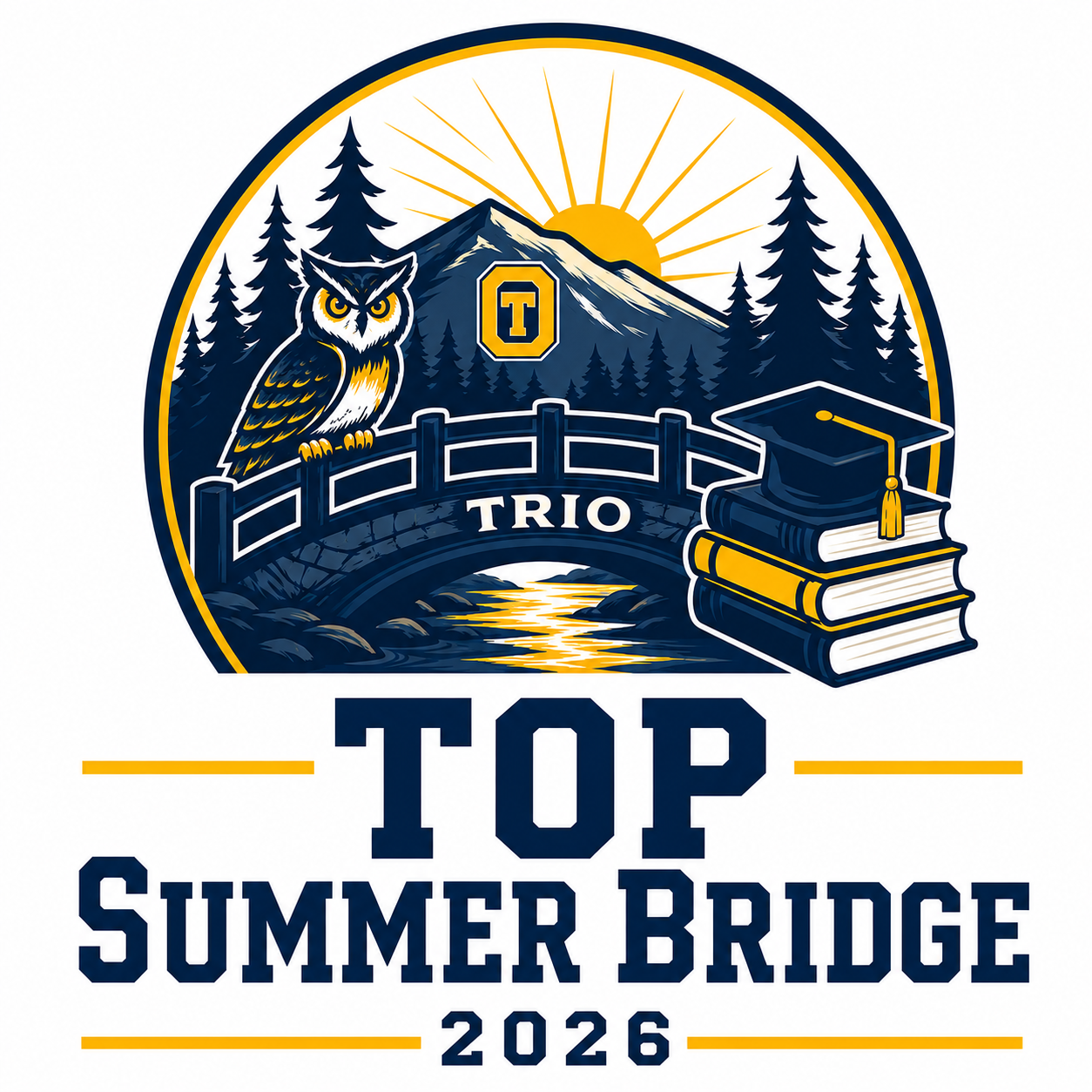 TOP Summer Bridge 2026 logo with an owl perched on a bridge, books and graduation cap, pine trees, mountain with Oregon Tech 'O' and 'T' emblem, and TRIO displayed on the bridge