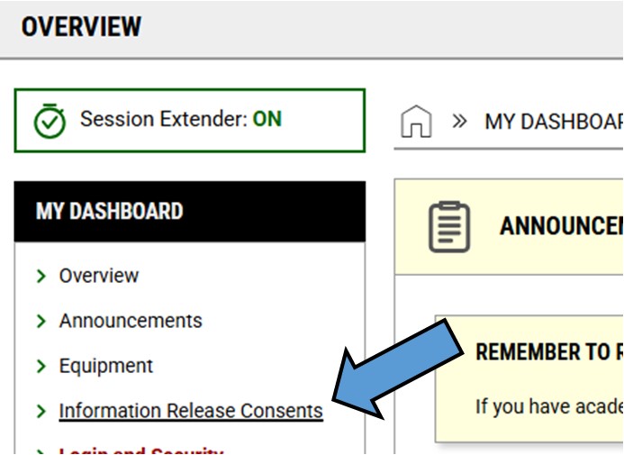 Screen shot of arrow pointing at the "Information Release Consents" link in the 'My Dashboard' menu