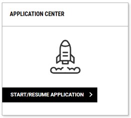AIM Application Center tile with depiction of rocket ship and "start/resume application" button