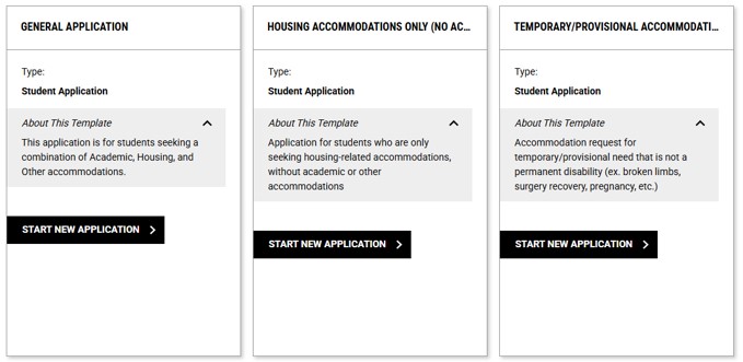 Image of available application types with "start new application" button for each type