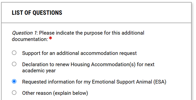 Screen shot of screen where student selects reason for the additional documentation