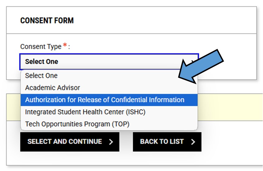 Screen shot of arrow pointing to 'Consent Type' drop-down list with "Authorization for Release..." highlighted/selected 