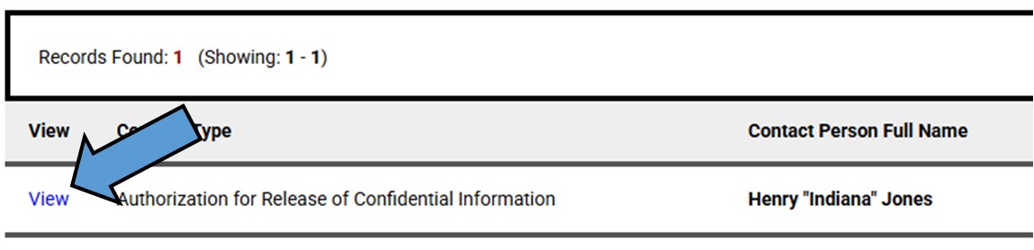 Screen shot of arrow pointing at the "View" link for a completed, active authorization release form
