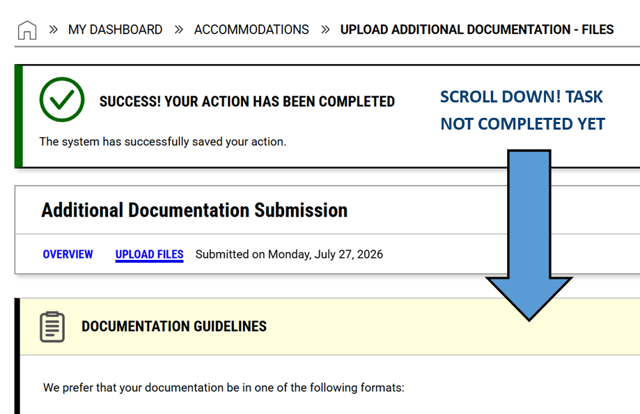 Screen shot of 'Success!' message, with arrow and added text directing you to scroll down