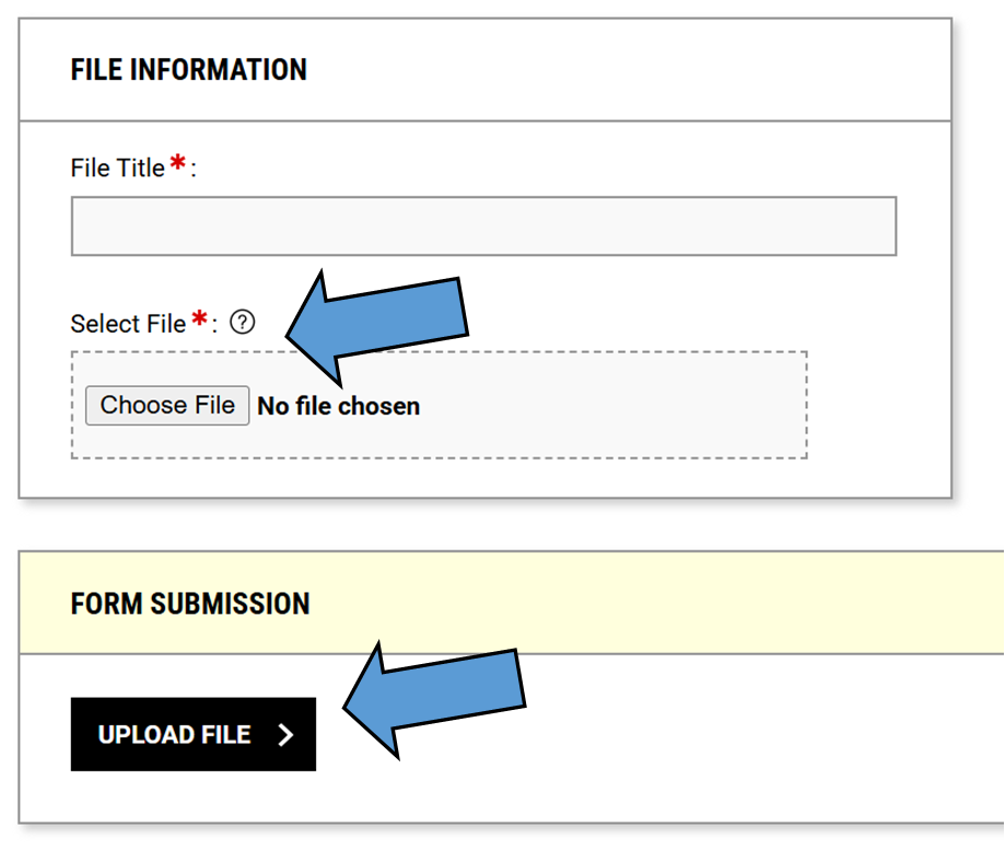 Screen shot with arrows pointed at the "Select File" button, to attach document, and at "Upload File" button