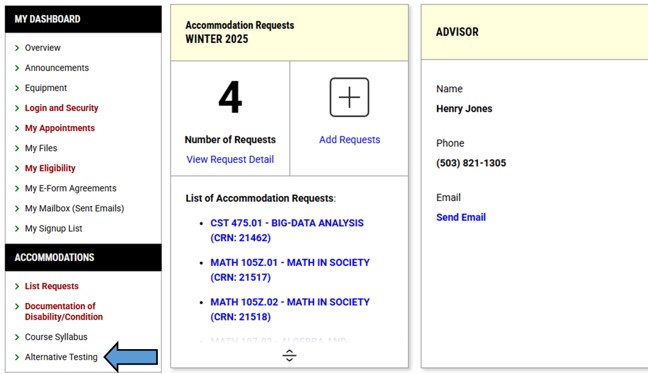 Screenshot of AIM Student Dashboard with arrow pointing at "Alternative Testing" module link