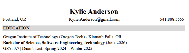 Education section of resume 