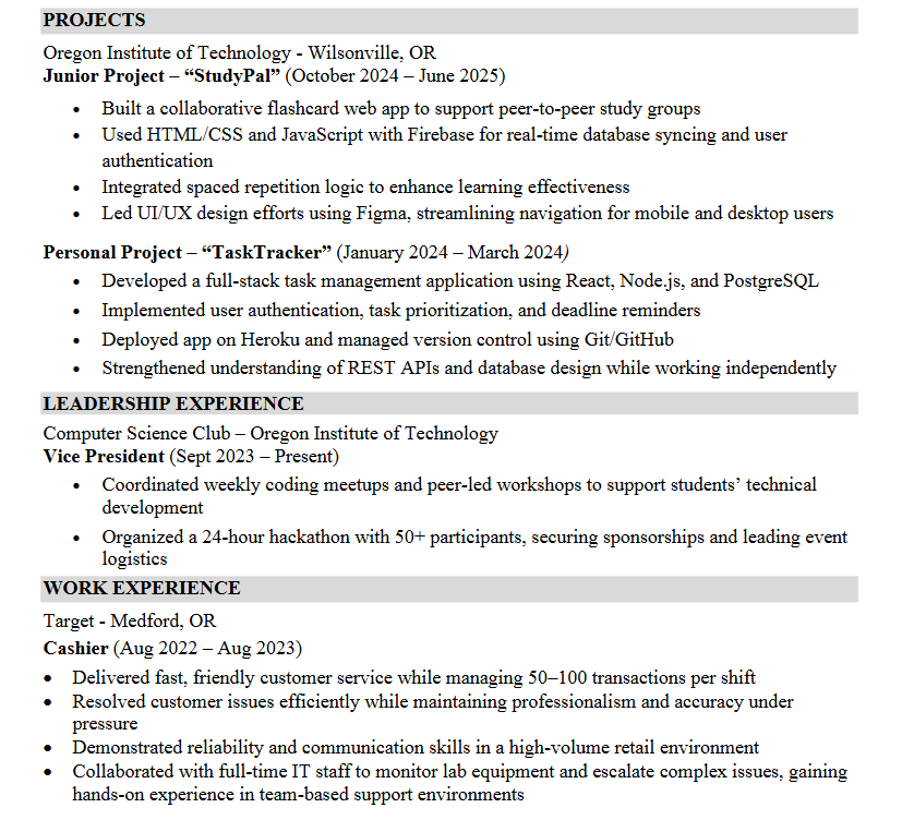 Experience section of resume