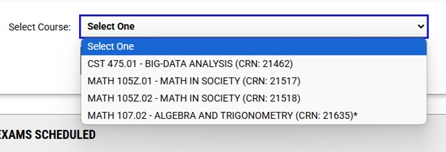 Screenshot of course selection drop-down menu displaying student's current courses