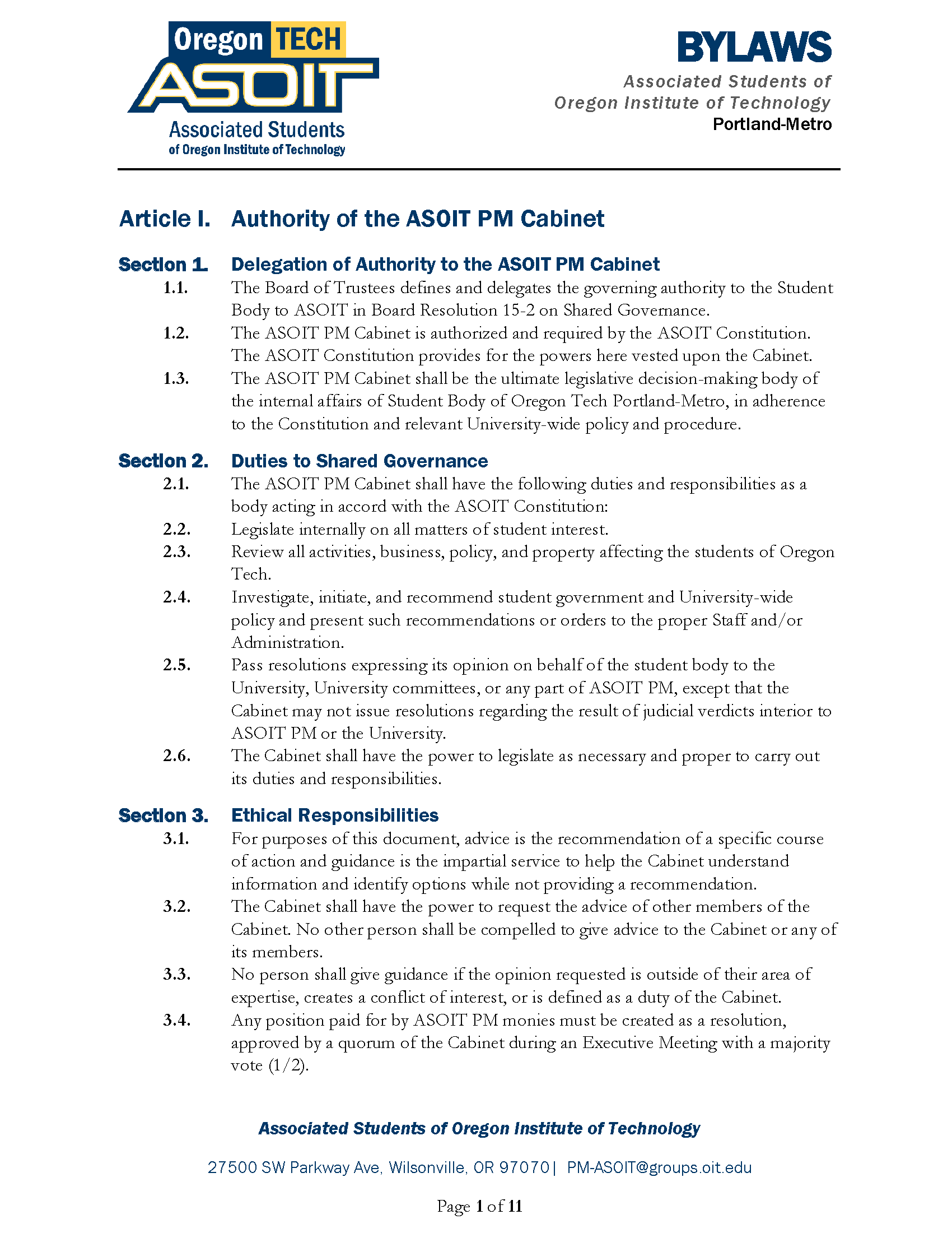 Screenshot of the first page of the ASOIT-PM BYLAWS ratified on 11.20.2025
