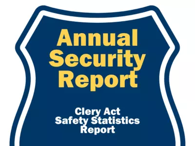 Annual Security Report Image of blue shield with yellow text
