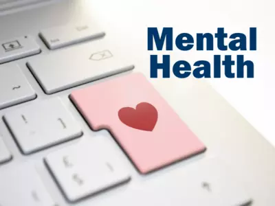 Safe Campus Mental Health Image of keyboard with pink Enter key with a red heart on it. Image has text that says "Mental Health"