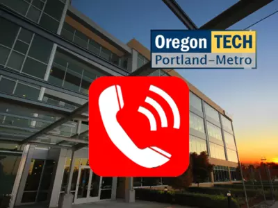 Safe Campus Portland Metro Campus Building with red phone icon and Portland-Metro logo