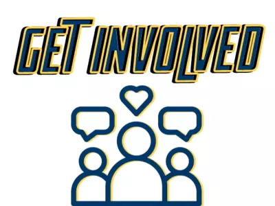 Get involved start a new club with three people with icons above them, 2 with speech bubbles and 1 with a heart
