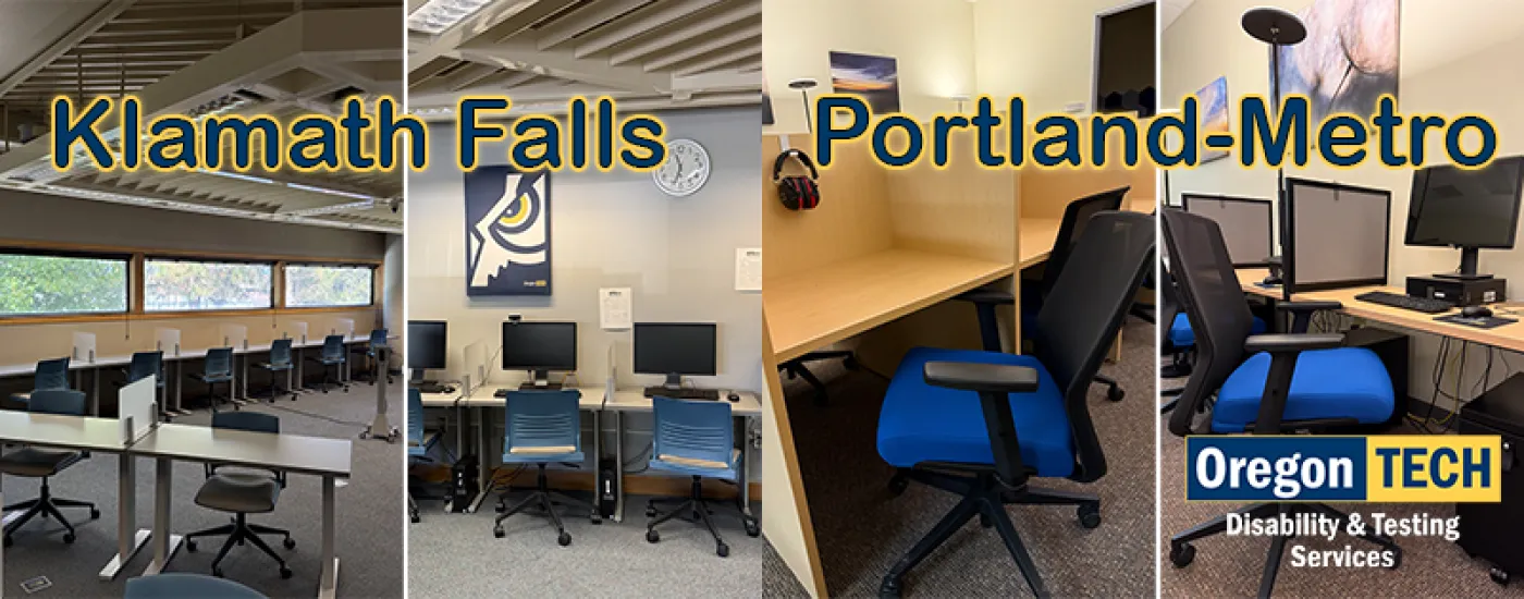 Image of testing centers on the Klamath Falls and Portland-Metro campuses highlighting chairs, soft lighting, and computer stations for exams