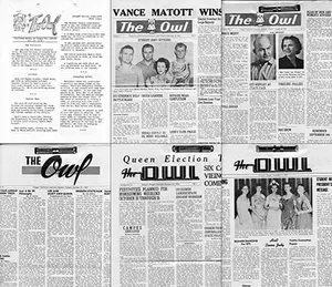 Compilation of various front pages of The Owl student newspaper