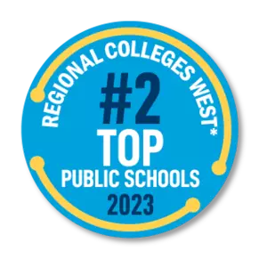 Button with US News & World Report statistic that Oregon Tech is the #2 top public west regional college as of 2023