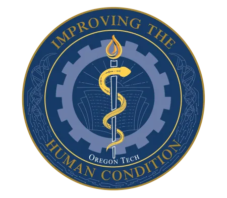 A circular graphic mark with the words "IMPROVING THE" curved across the top and the words "HUMAN CONDITION" curved across the bottom. A stylized Staff of Asclepius sits in the middle. Behind the Staff is line art of a sunburst and open book inside of the silhouette of a gear.