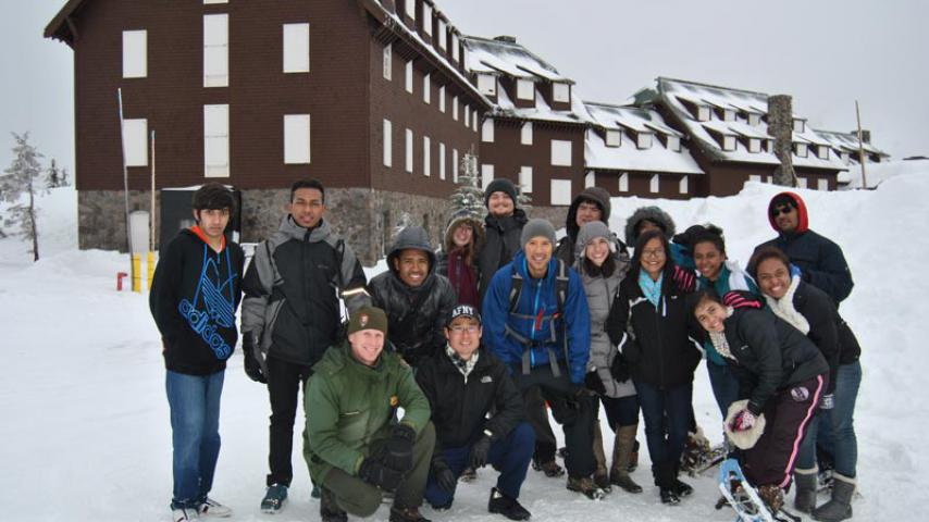 International Students at Rim Village, Crater Lake Snow